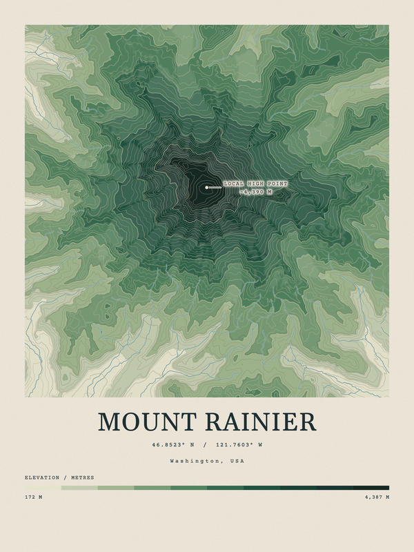 Mount Rainier — Contour Colour print in Forest Floor