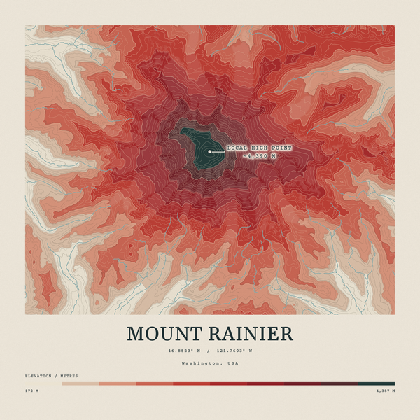 Mount Rainier — Contour Colour print in Red Earth (square)