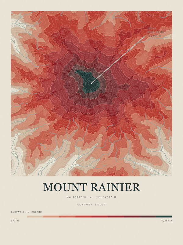 Mount Rainier — Contour Colour print in Red Earth