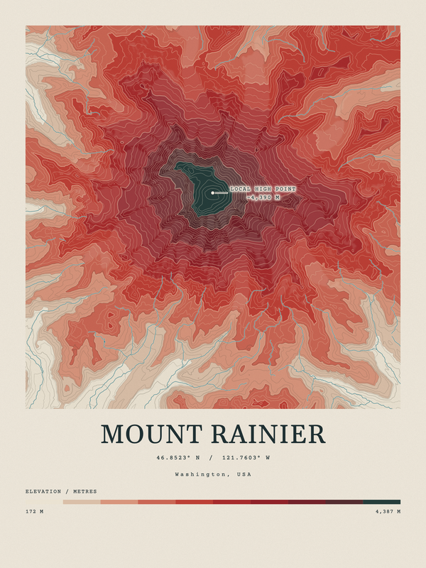 Mount Rainier — Contour Colour print in Red Earth