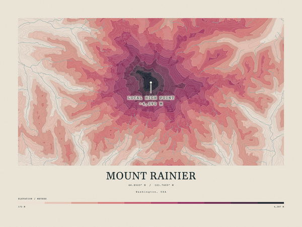 Mount Rainier — Contour Colour print in Rose & Stone (landscape)
