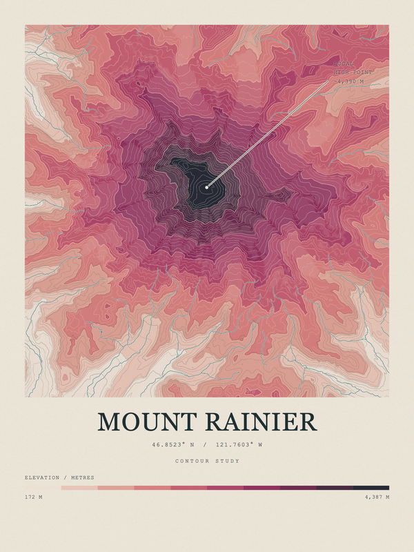 Mount Rainier — Contour Colour print in Rose & Stone