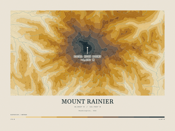 Mount Rainier — Contour Colour print in Saffron & Slate (landscape)