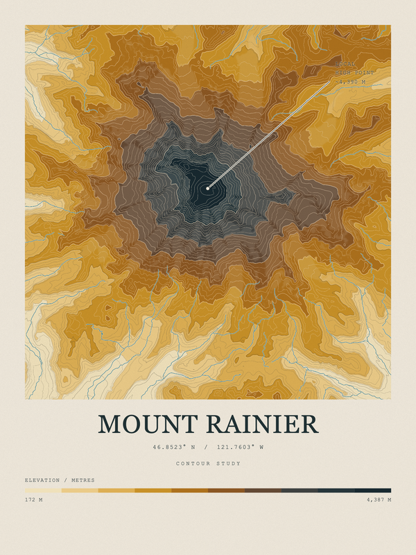 Mount Rainier — Contour Colour print in Saffron & Slate