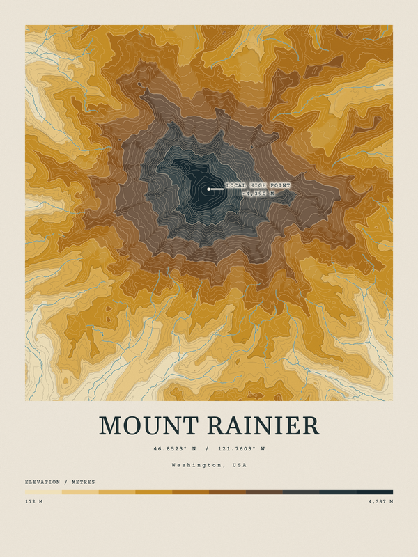 Mount Rainier — Contour Colour print in Saffron & Slate