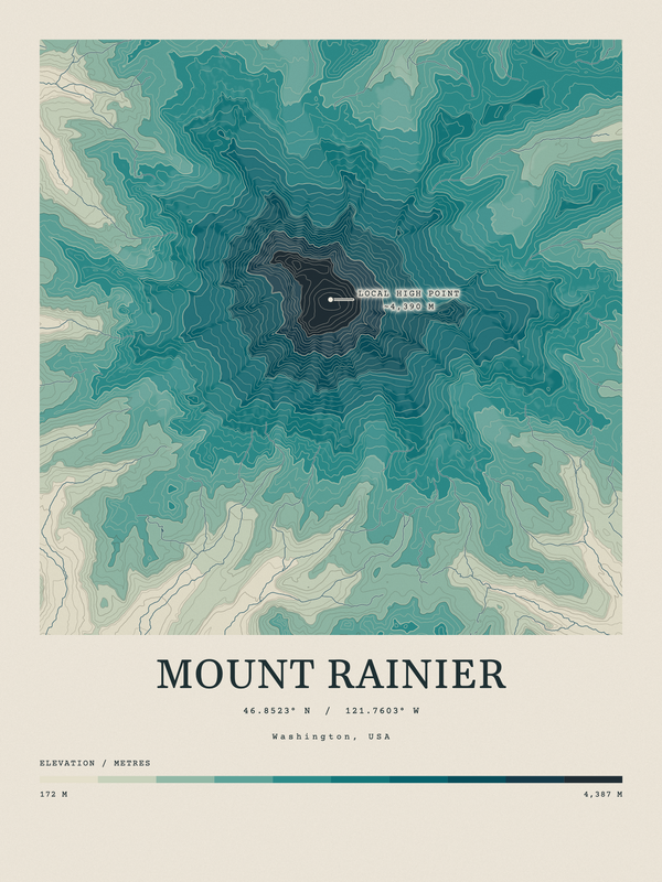 Mount Rainier — Contour Colour print in Alpine Teal