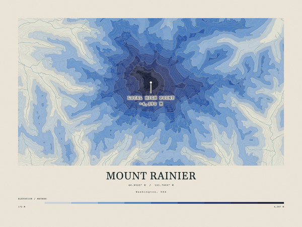 Mount Rainier — Contour Colour print in Ultramarine (landscape)
