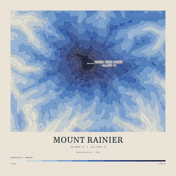 Mount Rainier — Contour Colour print in Ultramarine (square)