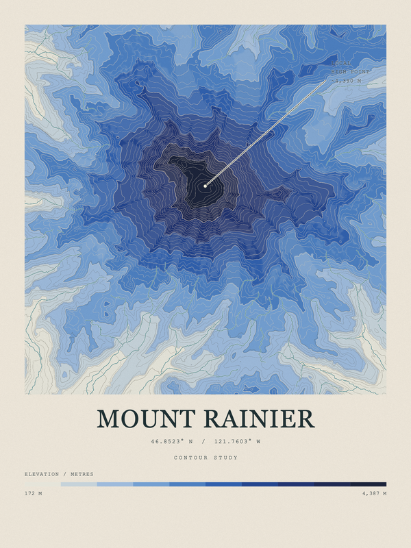 Mount Rainier — Contour Colour print in Ultramarine