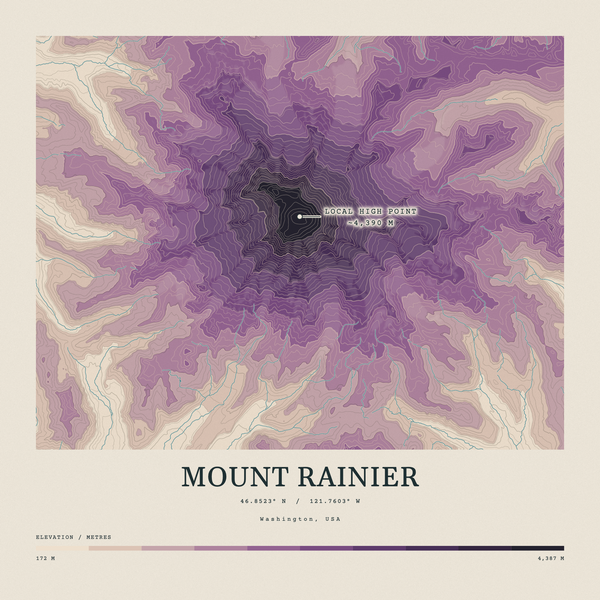 Mount Rainier — Contour Colour print in Plum & Clay (square)