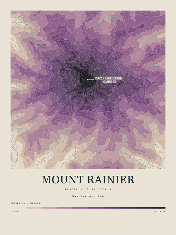 Mount Rainier — Contour Colour print in Plum & Clay