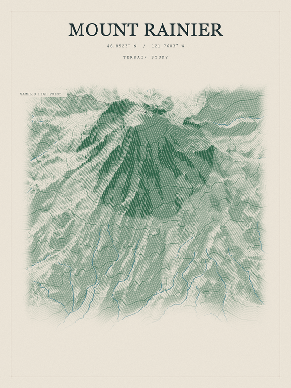 Mount Rainier — Red Relief print in Forest Floor