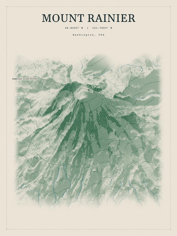 Mount Rainier — Red Relief print in Forest Floor