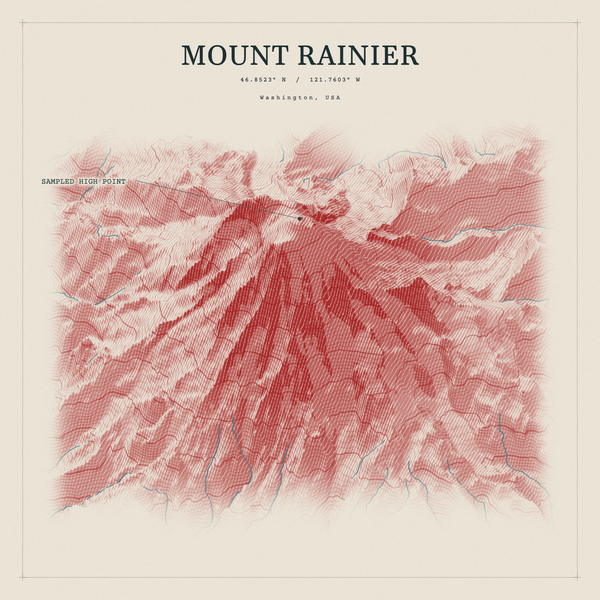 Mount Rainier — Red Relief print in Red Earth (square)