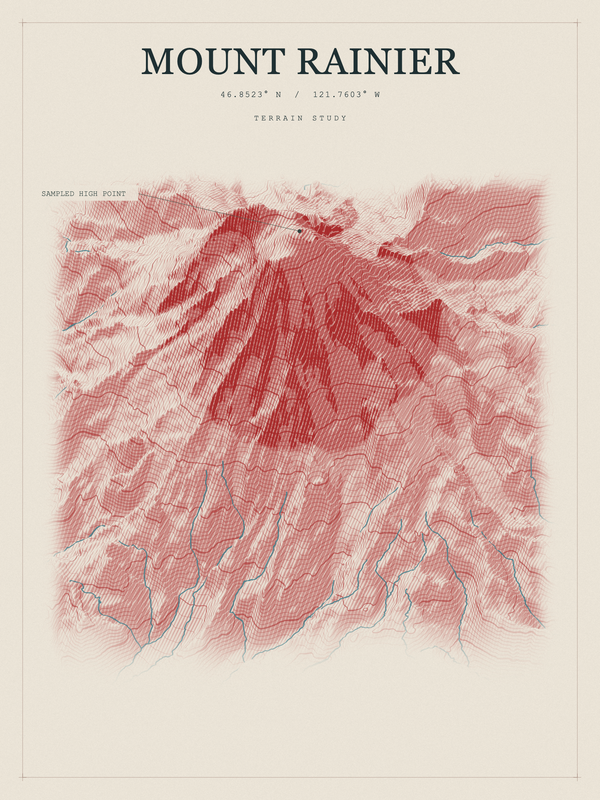 Mount Rainier — Red Relief print in Red Earth