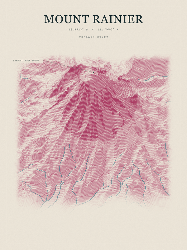 Mount Rainier — Red Relief print in Rose & Stone