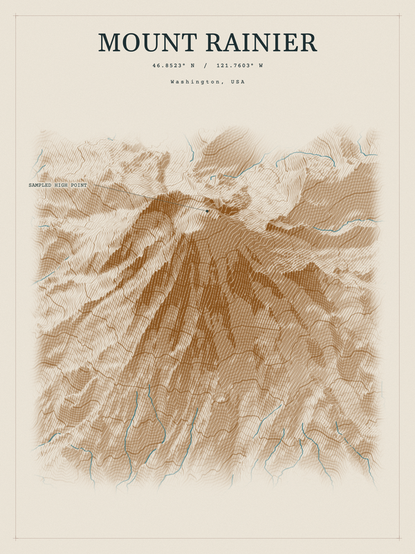 Mount Rainier — Red Relief print in Saffron & Slate
