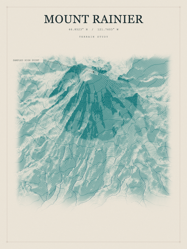 Mount Rainier — Red Relief print in Alpine Teal