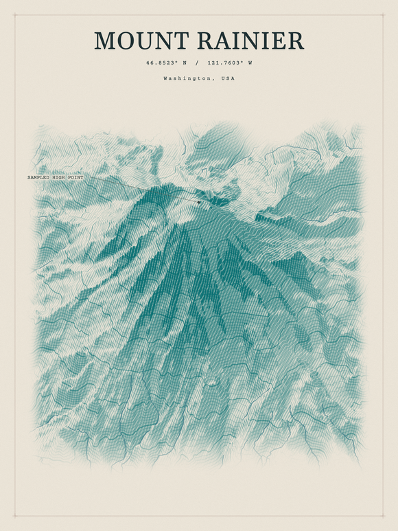 Mount Rainier — Red Relief print in Alpine Teal