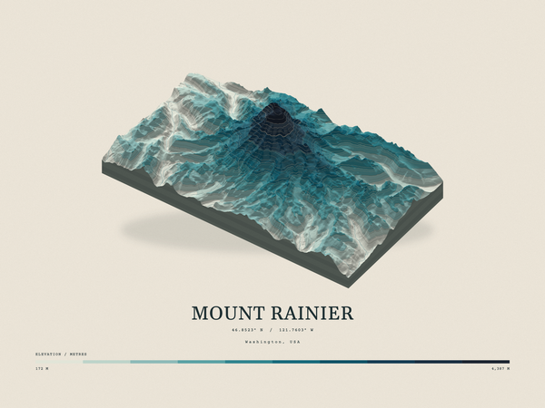 Mount Rainier — Terrain Relief print in Fjord (landscape)