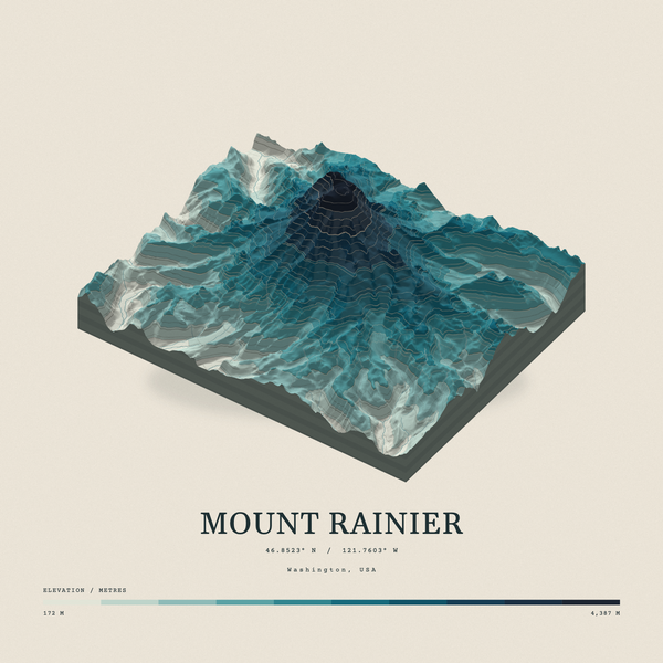 Mount Rainier — Terrain Relief print in Fjord (square)