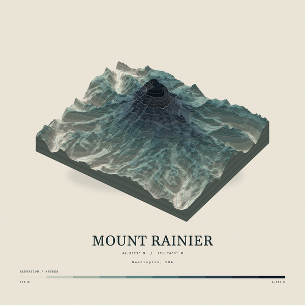 Mount Rainier — Terrain Relief print in Graphite (square)