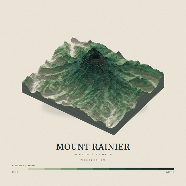 Mount Rainier — Terrain Relief print in Forest Floor (square)