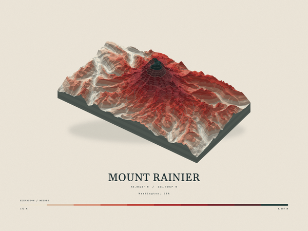 Mount Rainier — Terrain Relief print in Red Earth (landscape)