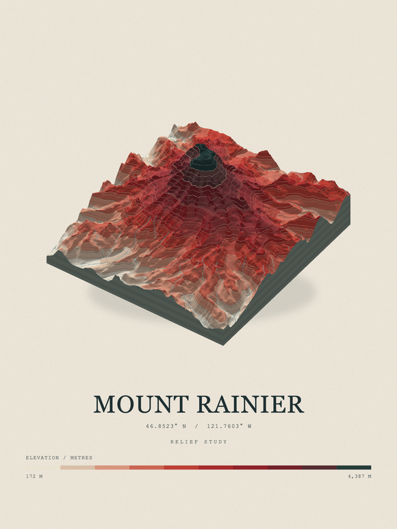 Mount Rainier — Terrain Relief print in Red Earth