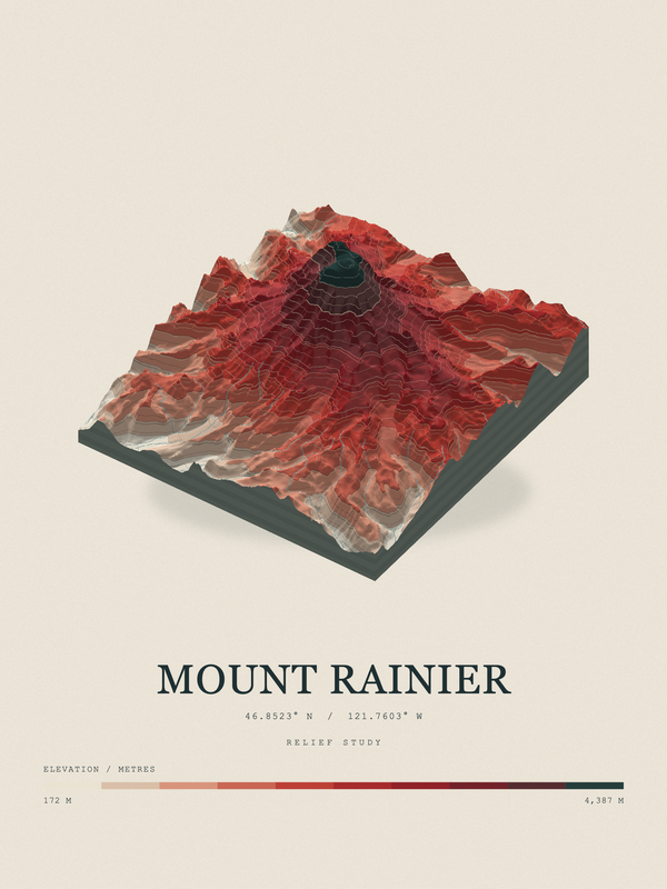 Mount Rainier — Terrain Relief print in Red Earth