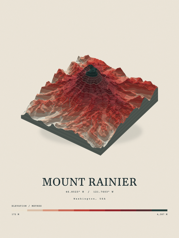 Mount Rainier — Terrain Relief print in Red Earth