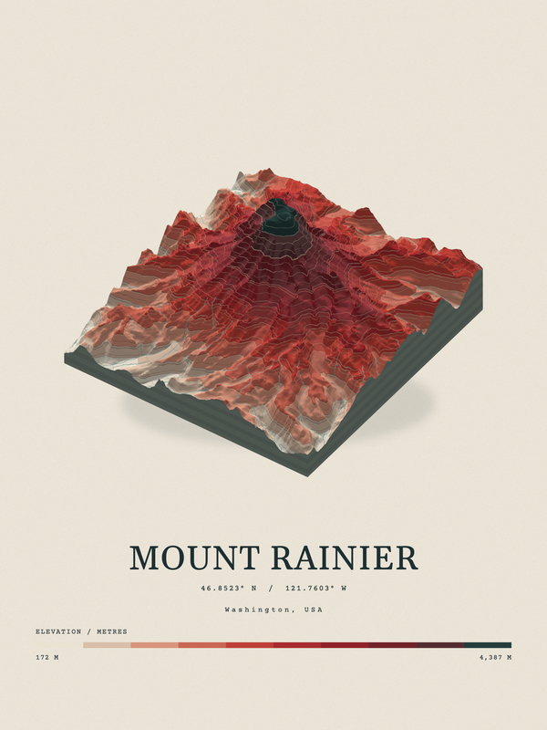 Mount Rainier — Terrain Relief print in Red Earth