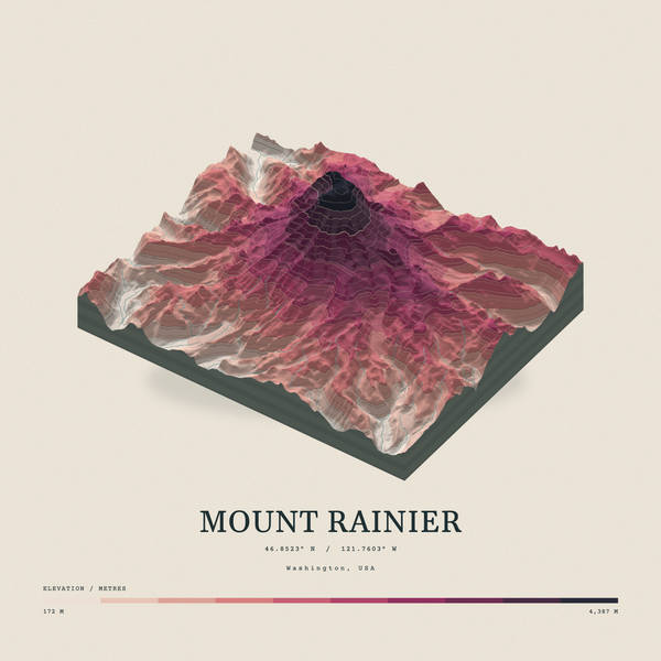 Mount Rainier — Terrain Relief print in Rose & Stone (square)
