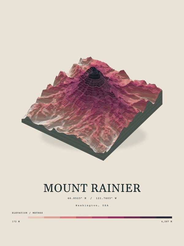 Mount Rainier — Terrain Relief print in Rose & Stone