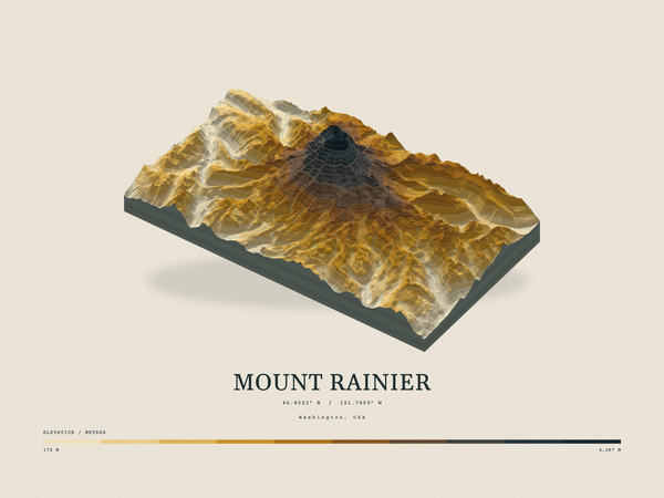 Mount Rainier — Terrain Relief print in Saffron & Slate (landscape)