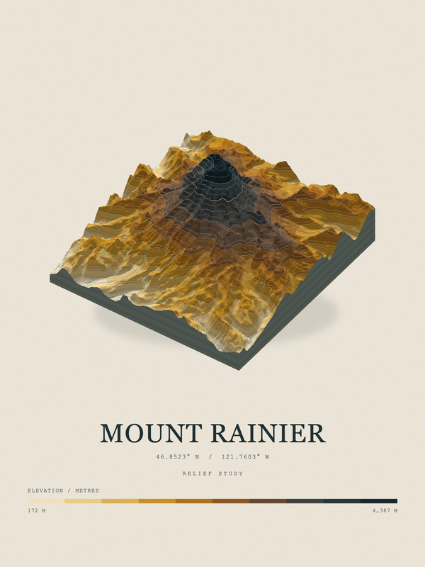 Mount Rainier — Terrain Relief print in Saffron & Slate