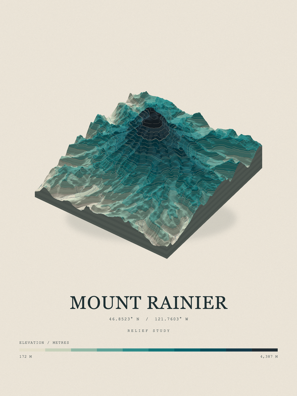 Mount Rainier — Terrain Relief print in Alpine Teal