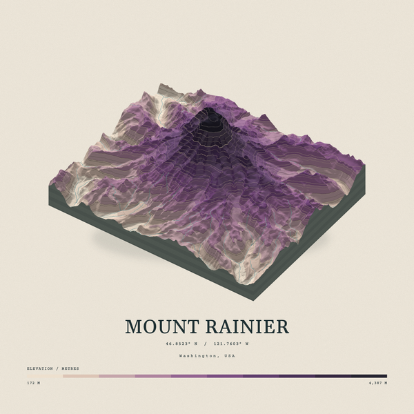 Mount Rainier — Terrain Relief print in Plum & Clay (square)