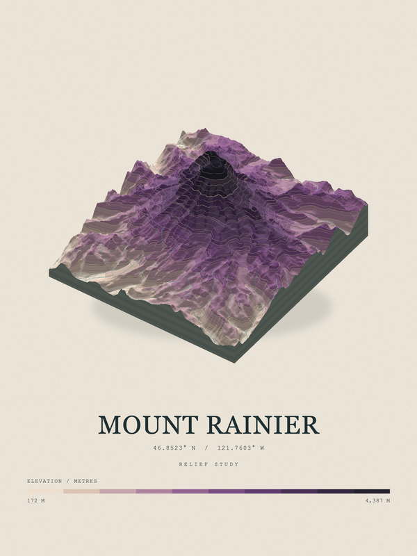 Mount Rainier — Terrain Relief print in Plum & Clay