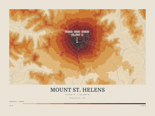 Mount St. Helens — Contour Colour print in Ember & Ochre (landscape)