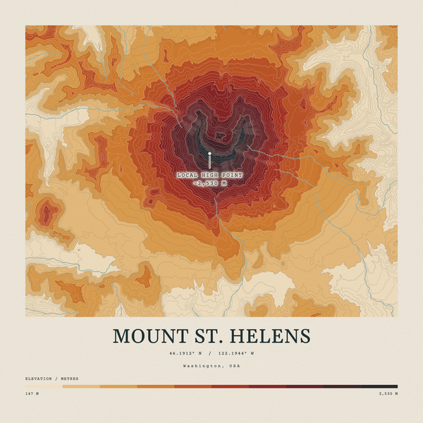 Mount St. Helens — Contour Colour print in Ember & Ochre (square)