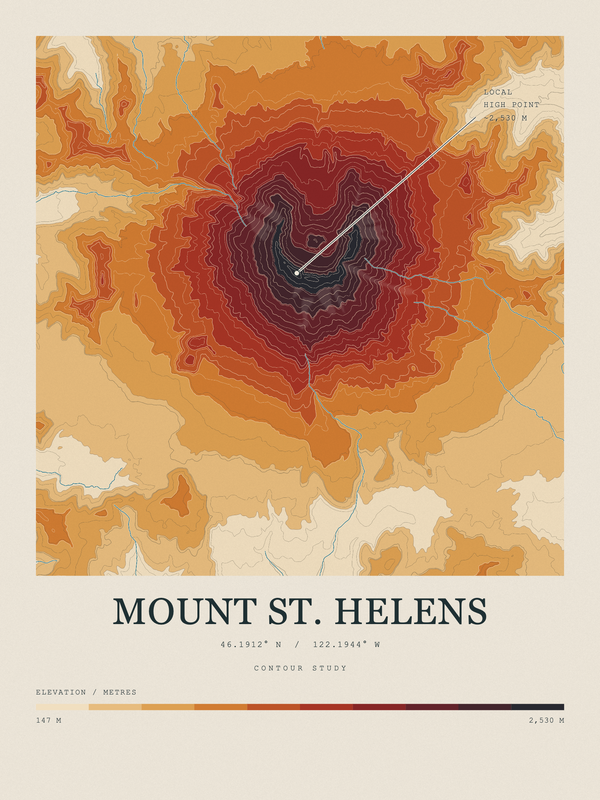 Mount St. Helens — Contour Colour print in Ember & Ochre