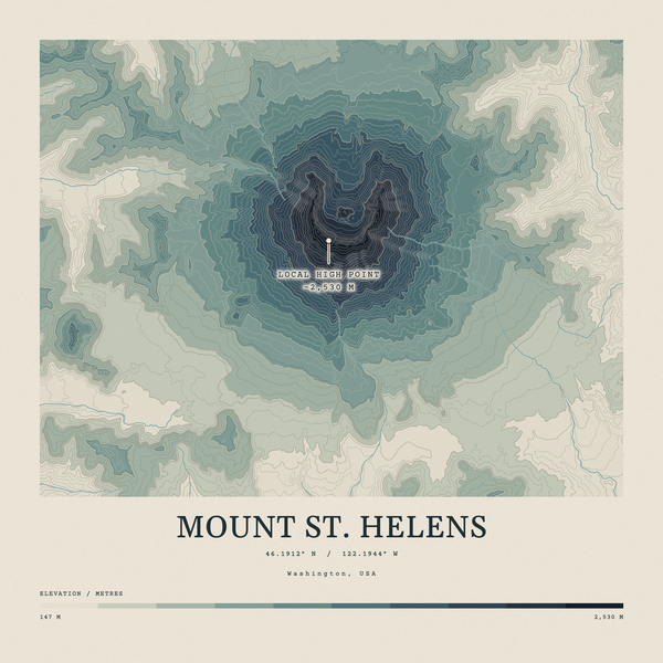 Mount St. Helens — Contour Colour print in Graphite (square)