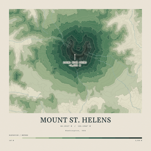 Mount St. Helens — Contour Colour print in Forest Floor (square)