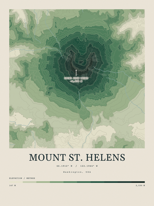 Mount St. Helens — Contour Colour print in Forest Floor