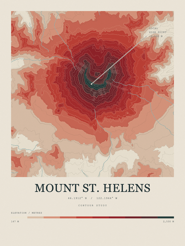 Mount St. Helens — Contour Colour print in Red Earth