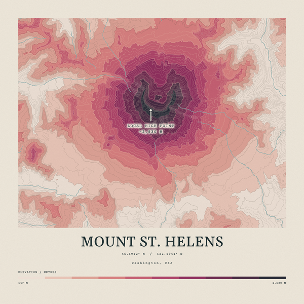 Mount St. Helens — Contour Colour print in Rose & Stone (square)