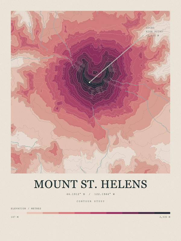 Mount St. Helens — Contour Colour print in Rose & Stone