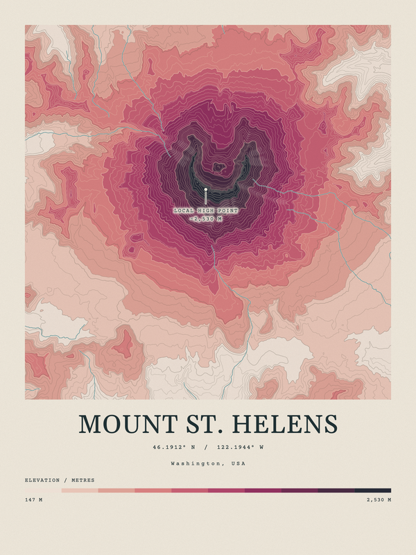 Mount St. Helens — Contour Colour print in Rose & Stone