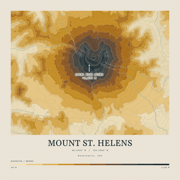 Mount St. Helens — Contour Colour print in Saffron & Slate (square)
